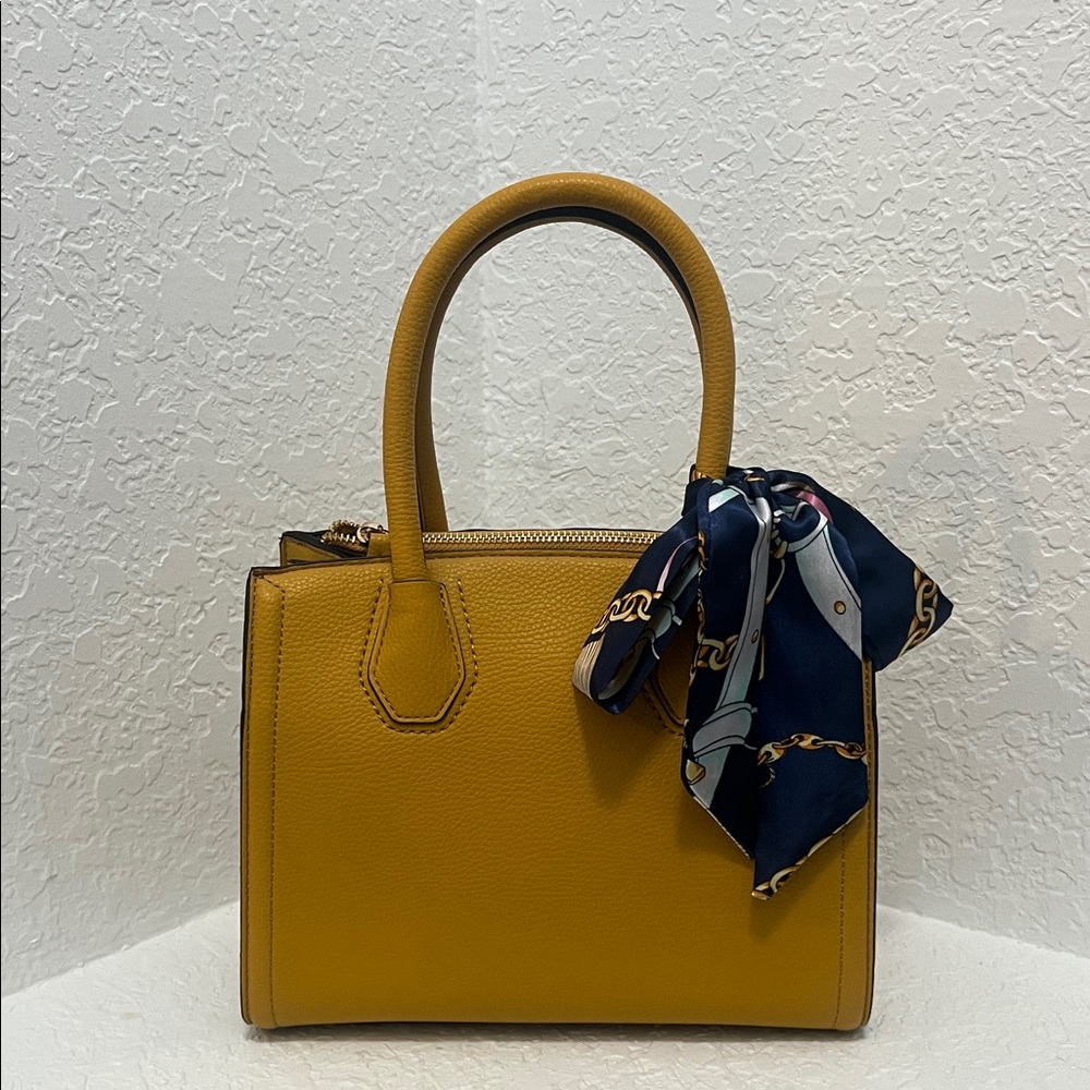 Aldo Mustard Satchel with Navy Scarf Accent